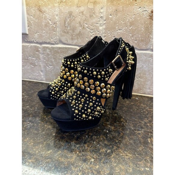 Jeffrey Campbell Ponytail Black Leather Gold Studded Heels Size 7.5 EUC - Picture 4 of 10